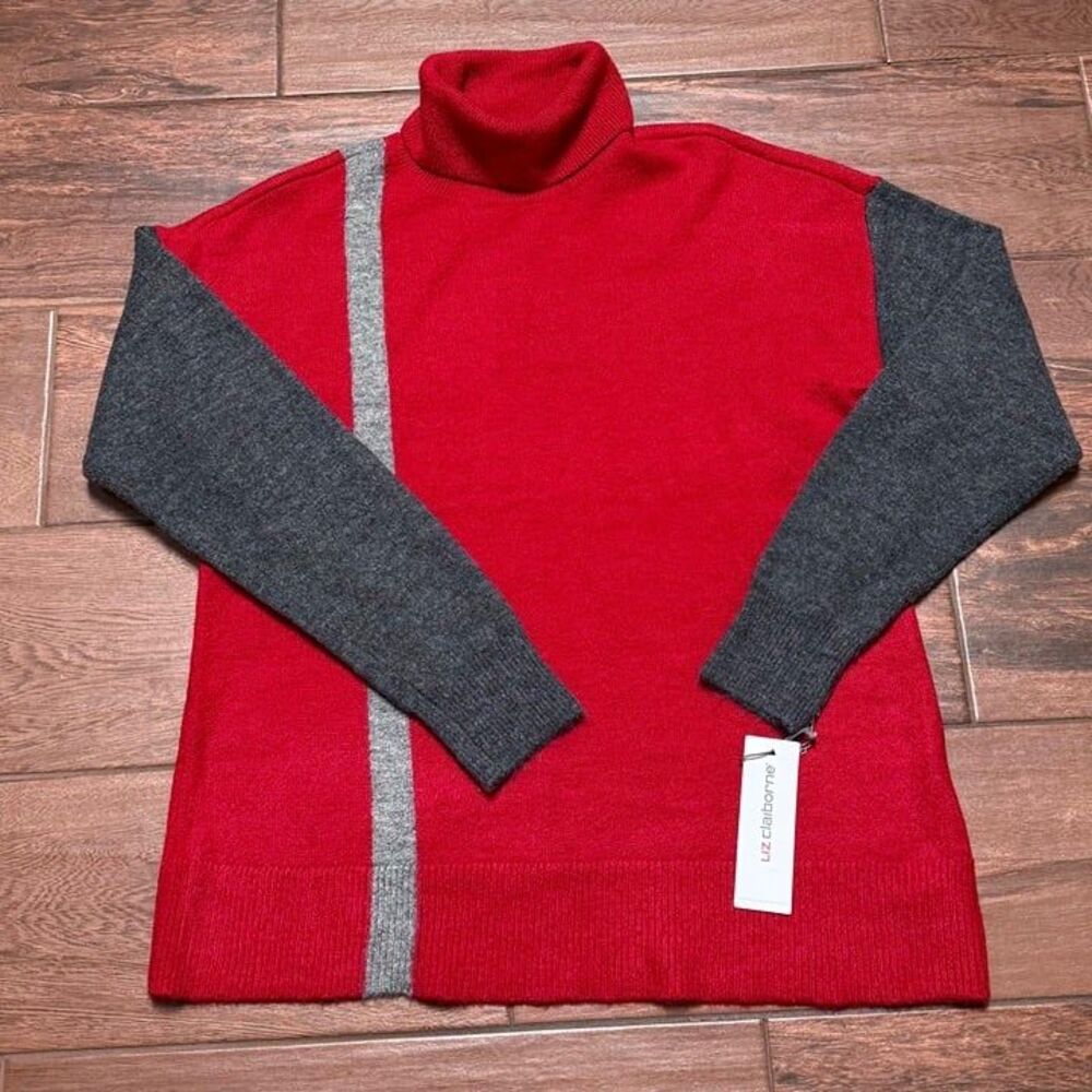 Liz Claiborne Women's Red Sweater Color Block Turtleneck Soft Tunic Sz L NWT
